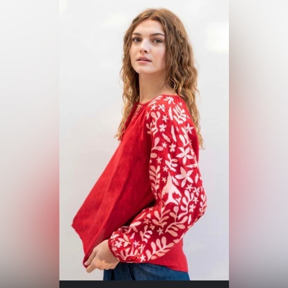 Voyageur by MERSEA Palermo Embroidered Linen Peasant Boho lagenlook Red, S - Picture 3 of 12